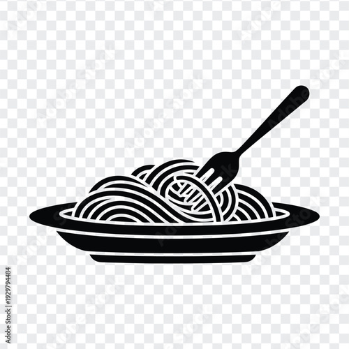 Black and white illustration of spaghetti in a bowl with a fork