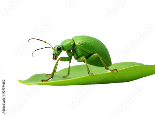 A small insect sits atop a leaf, its vibrant green color standing out against the natural background