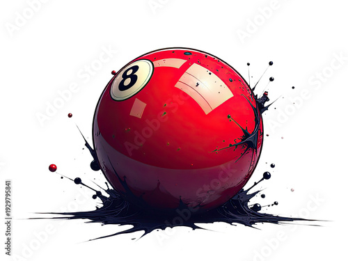 A red pool ball with the number 8 marked on it