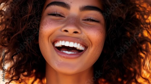 Radiant woman with curly hair, freckles, and a joyful smile in warm sunlight