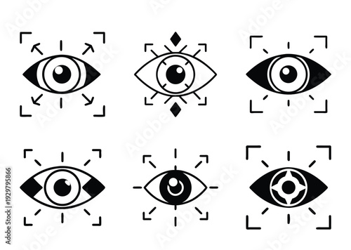 Variety of stylized eye icons symbolizing vision, perception, and observation capabilities