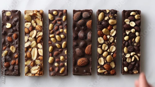 Several artisan chocolate bars, rich with nuts and chips, displayed on white surface