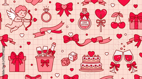 Valentine's Day themed pattern featuring pink and red hearts, gifts, desserts, balloons, cupid and ribbons for festive decor