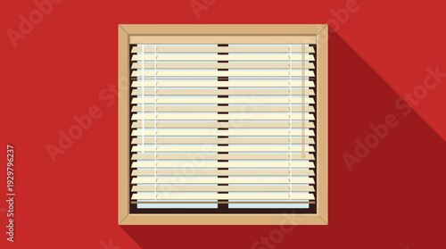 Wooden-framed window with horizontal blinds on a red wall, daylight casting a long shadow