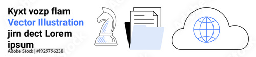 Business strategy, data storage, cloud computing, organization, file management, global connectivity. A chess piece, files and a cloud with a globe icon. Business strategy and data storage