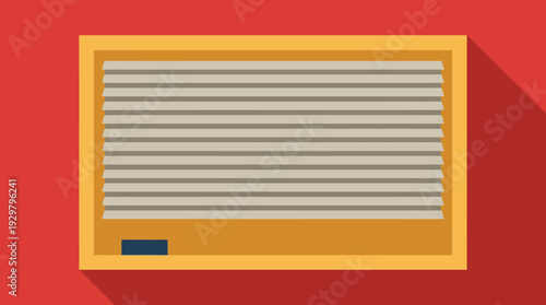 Flat vector illustration of an orange-framed venetian blind against a bold red background, modern minimal design