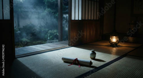 Serene Tatami Room with Scroll and Lantern at Night
（掛け軸と灯籠のある静かな座敷）