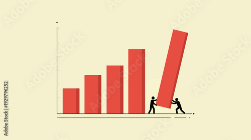 Teamwork drives business growth with a rising red bar chart illustration showing people pushing the final bar on a pale yellow background