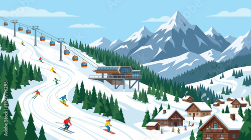 Snowy alpine ski resort with a chairlift, skiers on slopes, and cozy chalets beneath snow-capped mountains.