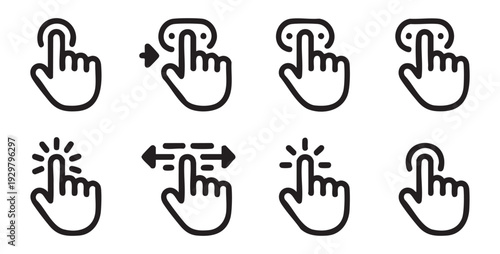 Outline hand click icons collection with touch screen gestures and finger interaction line symbols