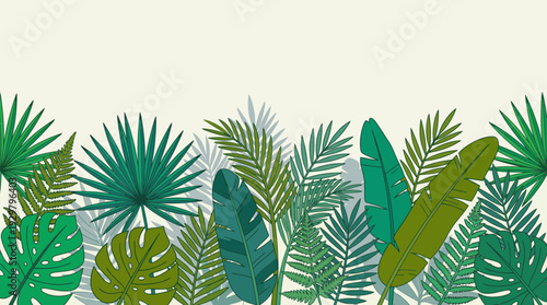 Vibrant tropical leaves collage banner featuring palm fronds and monstera foliage on a pale background for nature, design, and marketing visuals