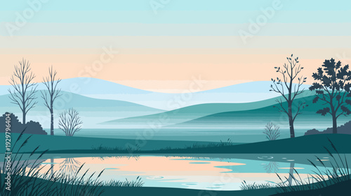 Tranquil pastel landscape with a serene lake, rolling hills, and silhouetted trees under a soft pastel sky - a peaceful nature scene illustration