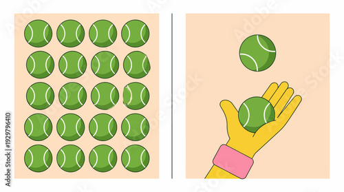 Cartoon illustration of a crate filled with tennis balls on the left and a gloved hand catching a ball on the right