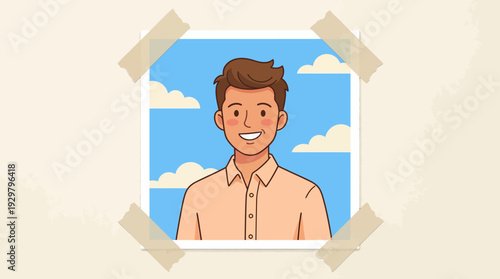 Friendly cartoon portrait of a smiling man in a peach shirt inside a window frame against a blue sky with clouds