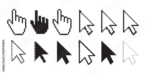 Set of pixel and vector mouse cursors, hand clicker and arrow pointer variations for UI