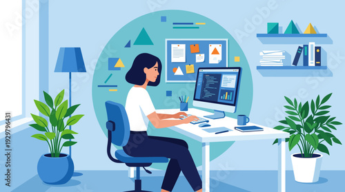 Modern home office setup with a person working at a desk featuring dual monitors, blue decor, and greenery