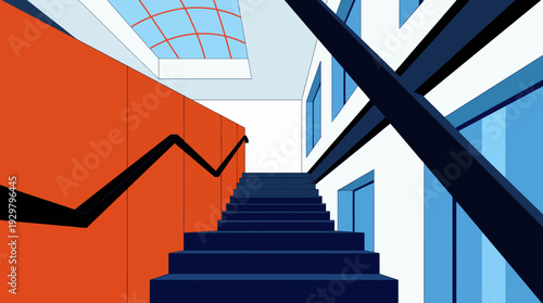 Contemporary interior staircase in a bright atrium with blue steps, an orange accent wall, and a glass skylight