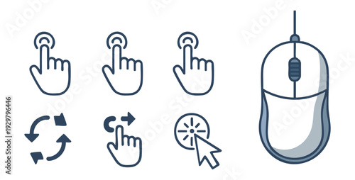 Set of computer mouse and touch gestures icons on white background flat design
