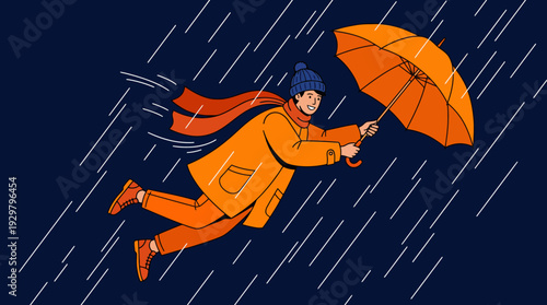 Vector illustration of a person in an orange raincoat and orange umbrella navigating heavy rain in a dark blue stormy scene