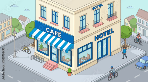 Isometric street view of a corner cafe beneath a hotel, showing pedestrians, a cyclist, and urban storefronts on a sunny day.