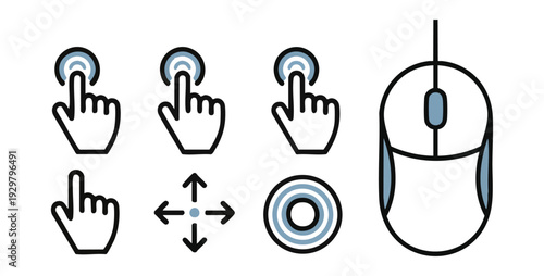 Computer mouse and touch icons, hand gestures for user interface and web design