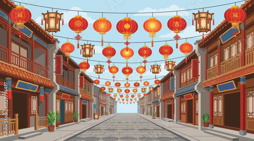 Symmetrical Chinese street lined with traditional wooden storefronts and hanging red lanterns under a bright blue sky