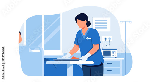 Nurse Caring for Patient in Hospital Room, Medical Healthcare Illustration