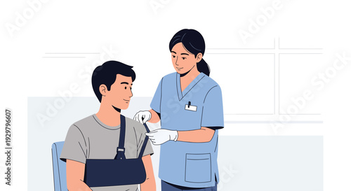 Nurse Caring for Patient with Arm Sling in Clinic