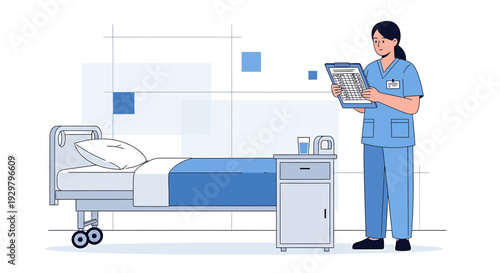 Nurse Checking Patient Chart Next to Hospital Bed in Modern Clinic