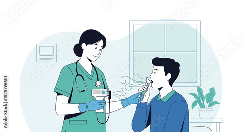 Nurse checking patient's breath with spirometer in clinic for respiratory health