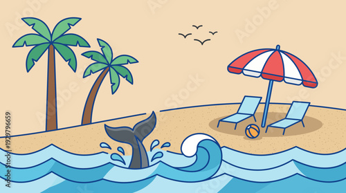 Playful dolphin jumping near a sunny beach with palm trees, lounge chairs, and a striped umbrella