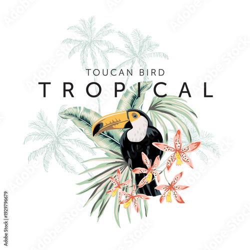 Tropical toucan, palm leaves, orchid flowers, palm tree silhouettes, text, white background. Print for t shirt, poster. Vector illustration. Exotic plants, bird. Summer beach design