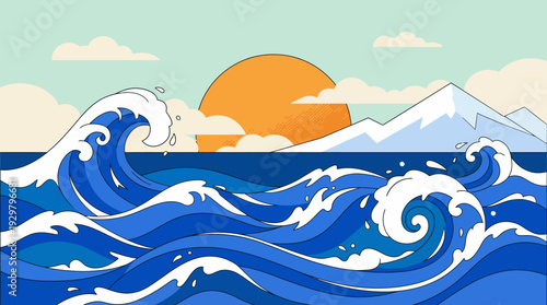 Quadro su tela A vibrant stylized ocean scene with bold waves beneath a setting sun over a snow