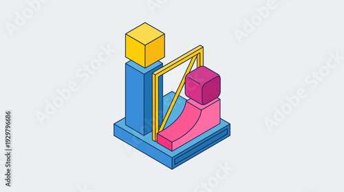 Isometric construction puzzle with colorful stacked blocks, lever, and platform on a blue base