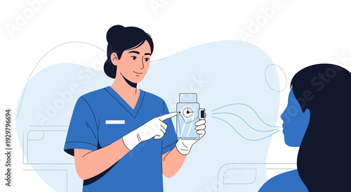 Nurse instructing patient on medication use with inhaler and timer