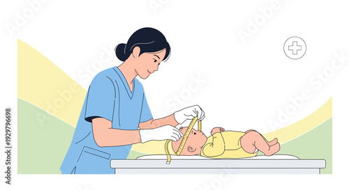 Nurse measuring newborn baby's head circumference in hospital clinic
