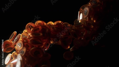 Abstract 3D animation of bitcoin tokens swirling in dynamic motion graphics flow. Golden crypto CGI coins simulate market growth and fall, trading volatility, BTC, digital finance investment momentum.