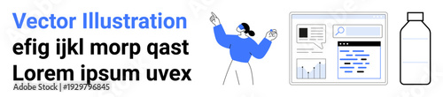 Digital marketing, user behavior, data analysis, online interaction, web design, e-commerce. Person gesturing, web analytics display and a bottle icon. Digital marketing and user behavior
