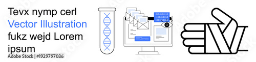 Biotechnology, cybersecurity, email communication, digital identity, genetic research, online approval. Test tube, computer with emails and fingerprint verified hand gesture. Biotechnology