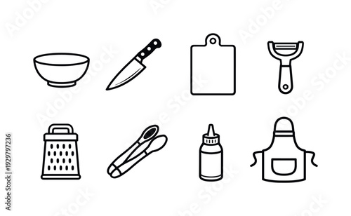 Home salad preparation tools: salad bowl, chef knife, cutting board, vegetable peeler, grater, serving tongs, dressing bottle, apron