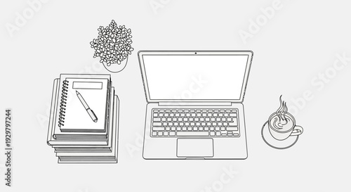 Minimalist Laptop and Coffee Cup Workspace Setup in a Bright Studio, Top View