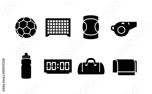 Handball equipment: handball, goal net, knee pad, whistle, water bottle, scoreboard, sports bag, towel