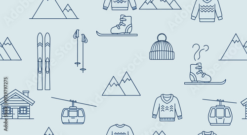 Seamless pattern of winter sport and clothing line art icons on a light blue background