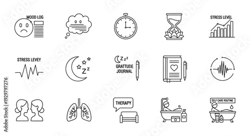 Mental health and well-being daily routine icons set on isolated white background.
