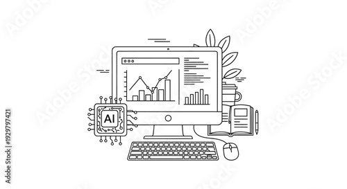 AI artificial intelligence concept with desktop computer showing data graphs and plant on isolated white background