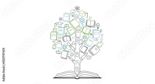 Education and Knowledge Tree Icon Growing Out of an Open Book with Various Learning Symbols on an Isolated White Background