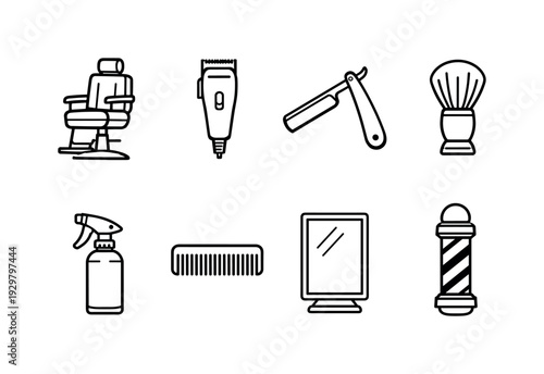 Barbershop tools: barber chair, hair clipper, straight razor, shaving brush, spray bottle, comb, mirror, barber pole
