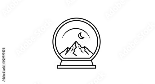 Peaceful Snow Globe with Mountains and Crescent Moon on an Isolated White Background