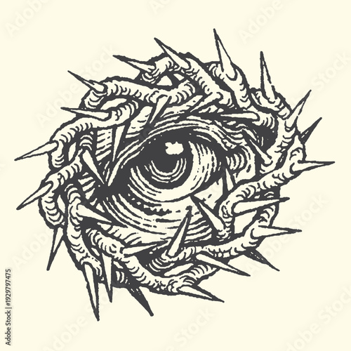 Eye surrounded by sharp thorns, surreal illustration of painful vision or difficult perspective, dark art concept