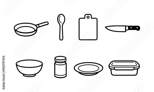 Home shakshuka cookware: frying pan, wooden spoon, cutting board, kitchen knife, mixing bowl, spice jar, serving plate, storage container